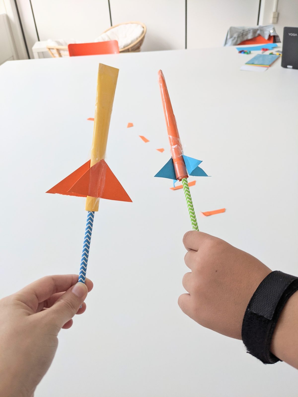 Two paper rockets made during a design challenge
